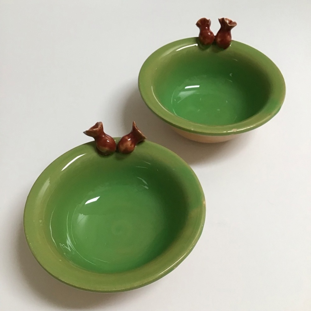 Studio Art Pottery SIGNED Bowls SET OF 2 Green Brown Floral MCM Vintage *NOTE*
